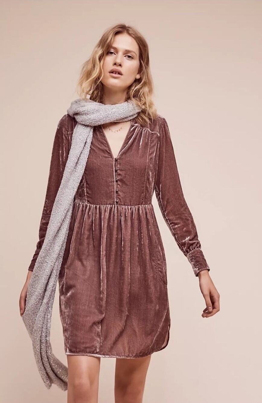 Anthropologie Holding Horses Babydoll Velvet Shirt dress Small Mauve Long Sleeve